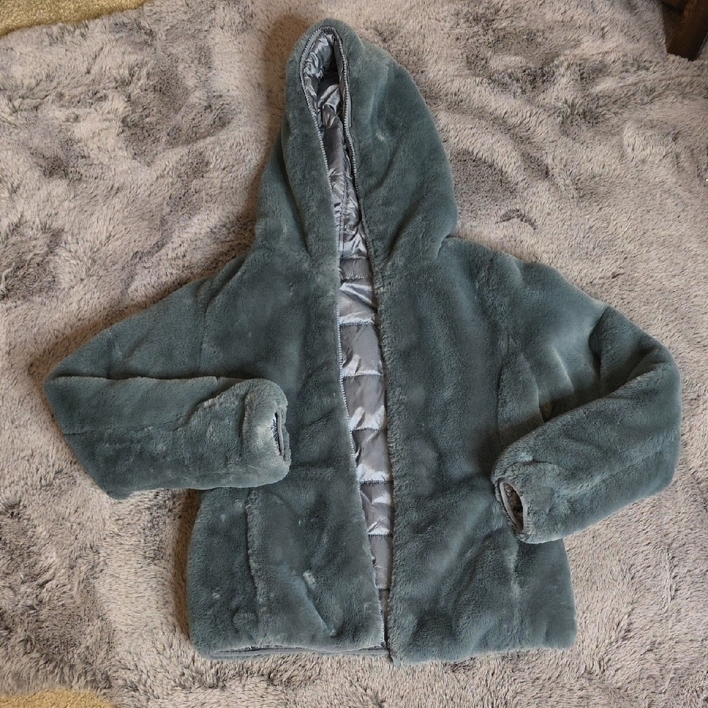 SAVE THE DUCK reversible Faux Fur Puffer Jacket hood- Grayish blue Laila - Picture 3 of 15